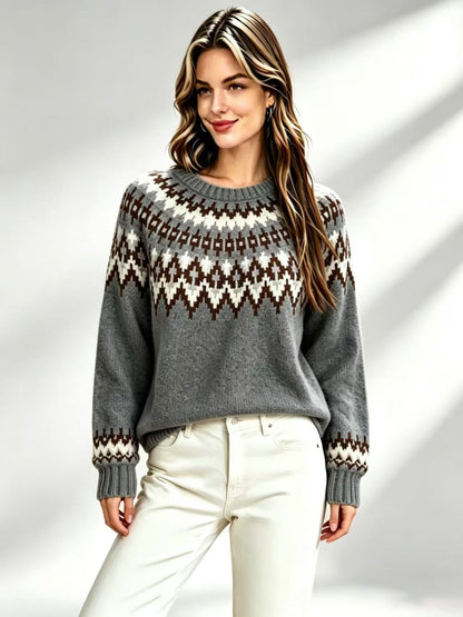 Womens Retro Fair-Isle Knit Crew-Neck Sweater