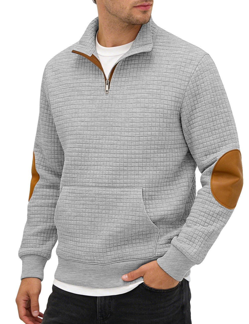 Cross-border Amazon Men's Autumn & Winter Half-Zip Suede Jacquard Small Check Long-Sleeve Stand Collar Casual Sweatshirt