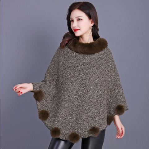 Women's Brown Mid-length Furry Ball Shawl Cape With Outerwear