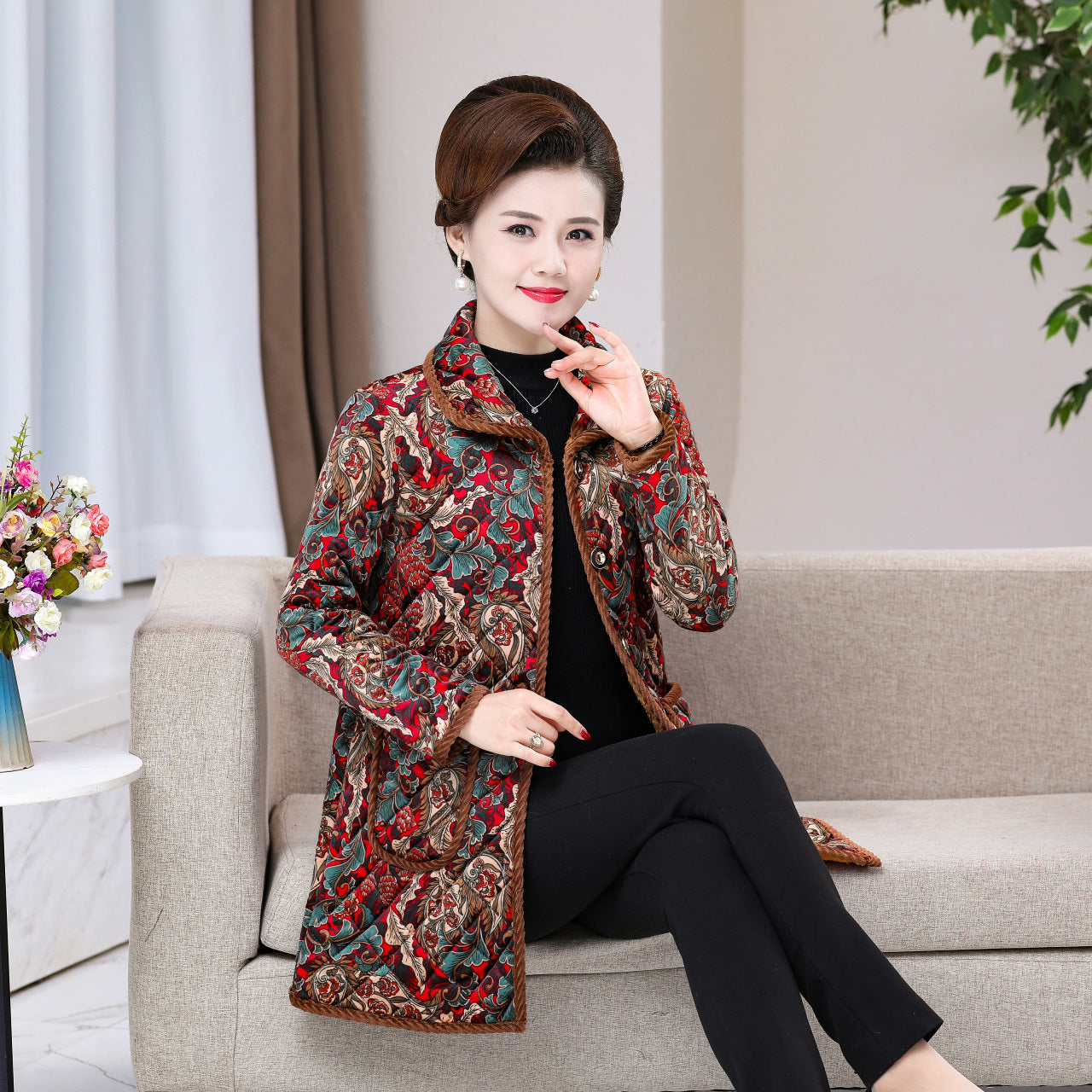 Womens Fashionable Floral-print Warm Plus-size Cotton Coat