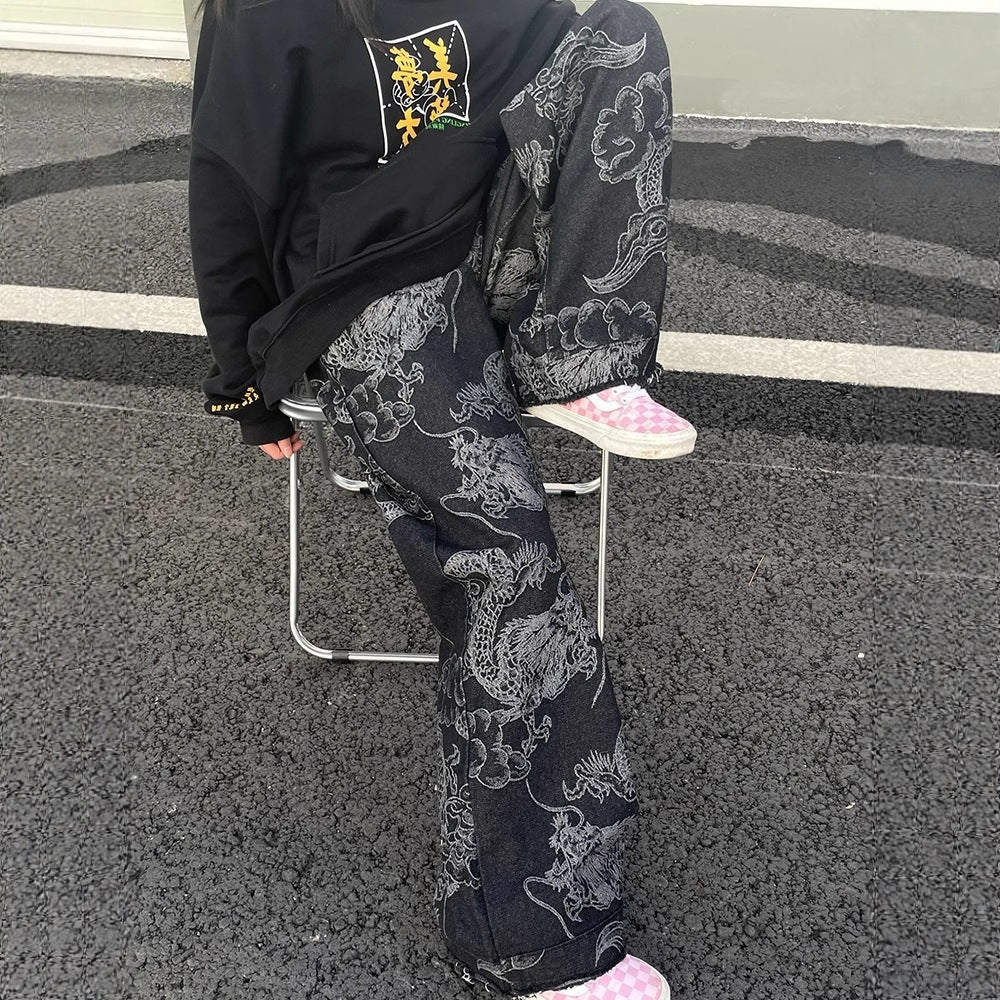 American-style Vintage Edgy Dragon-print Slimming Wide-leg Denim Pants