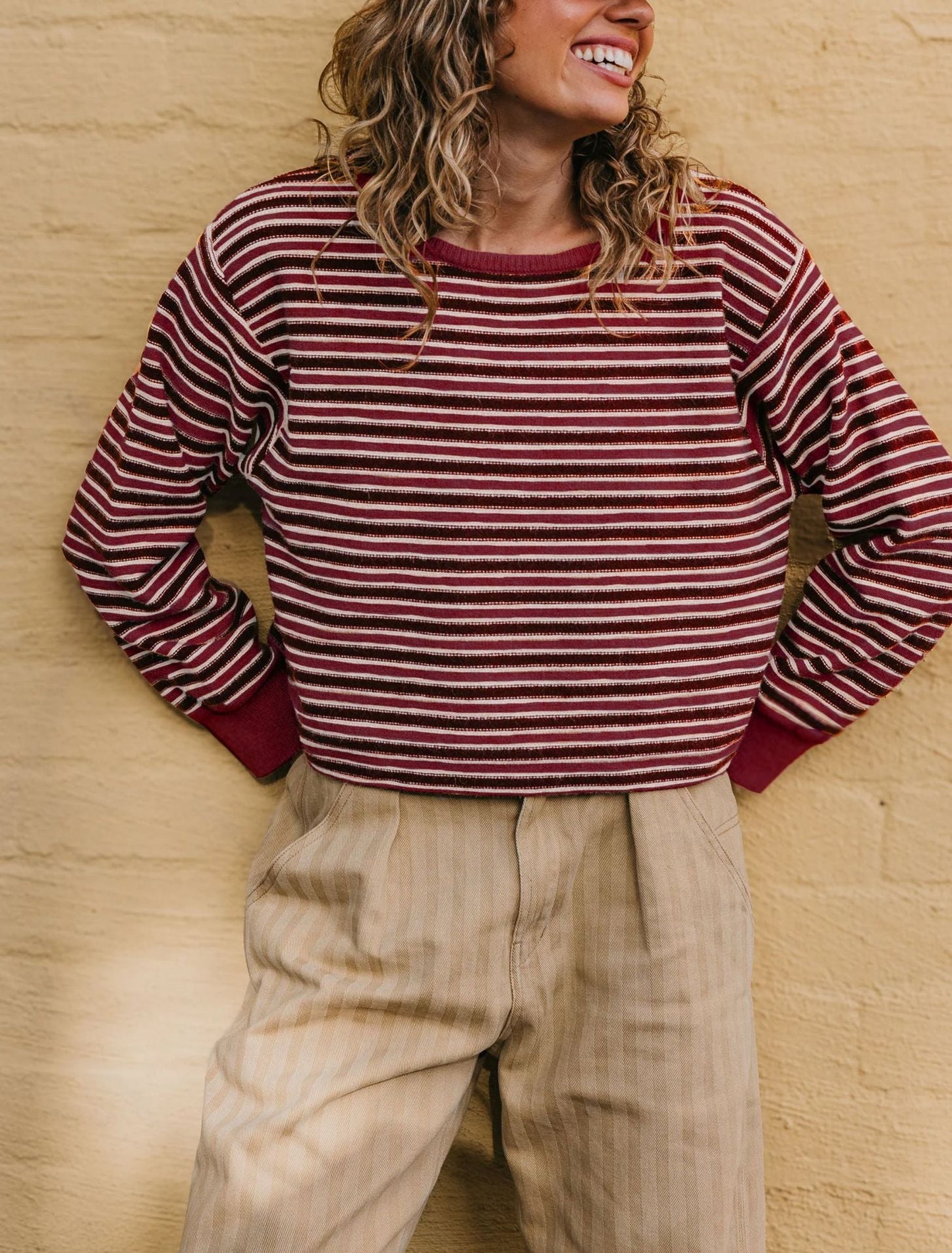 Womens Round-neck Knitted Striped Color-block Sweater