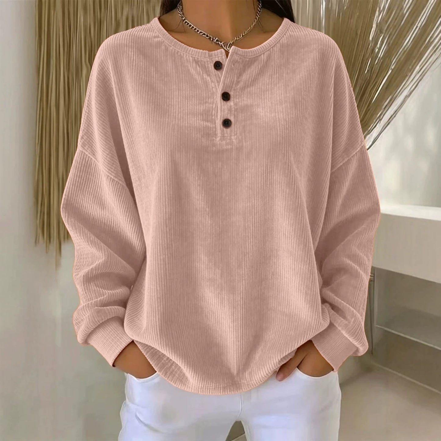 Women's Loose-fitting Round-neck Solid-color Button Sweatshirt