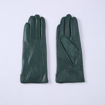 Womens Solid-Color Fleece-Lined Thermal Leather Gloves