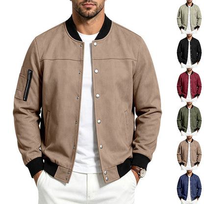 Mens Suede-Blend Casual Sporty Stand-Neck Jacket With Buttons