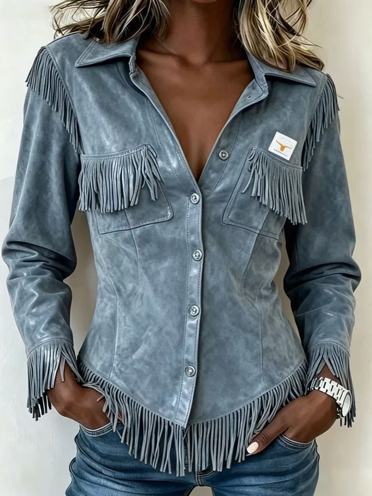 Autumn New Brown European And American Style Suede Tassel Long Sleeve Cardigan Women's Jacket Cross-Border Women's Jacket