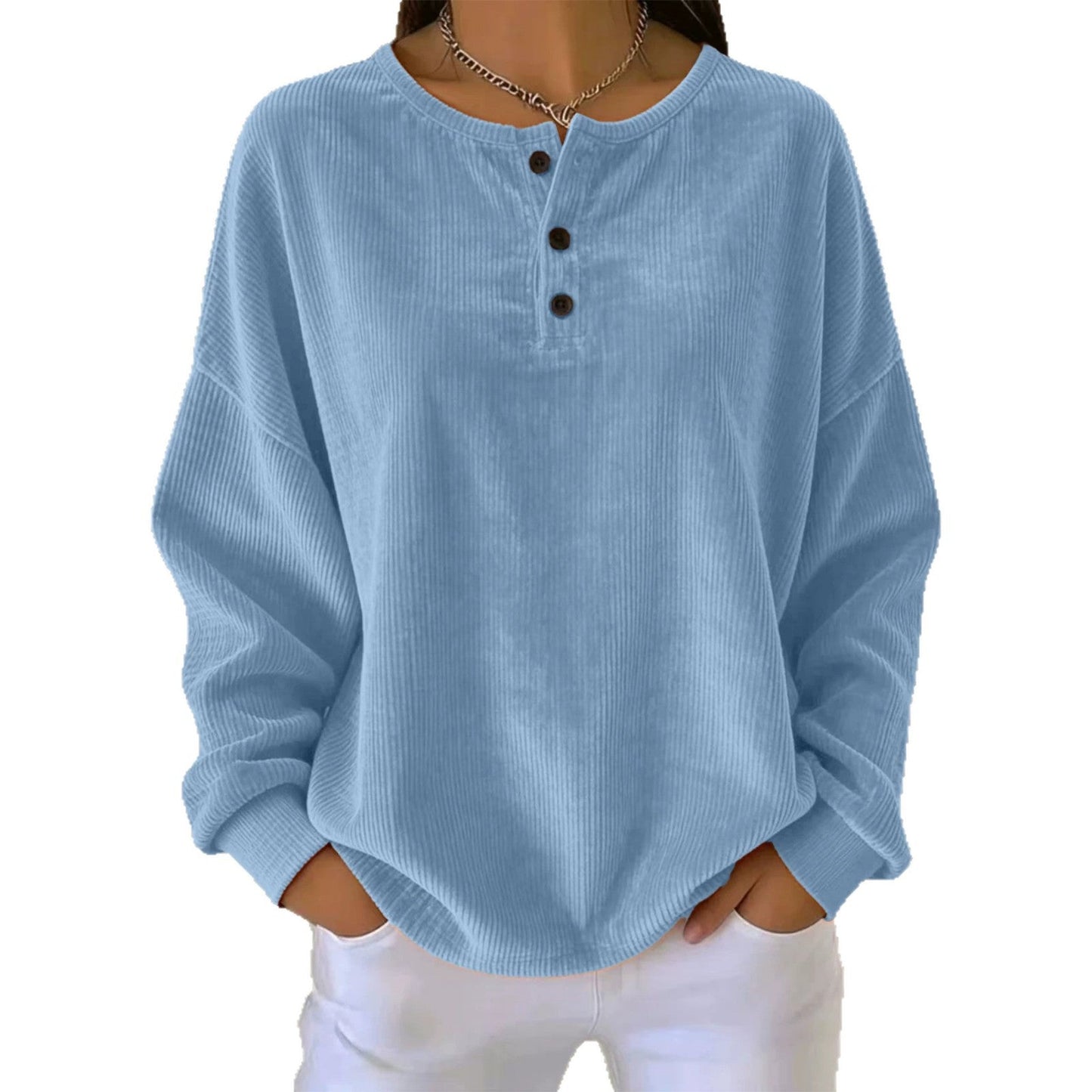 Women's Loose-fitting Round-neck Solid-color Button Sweatshirt