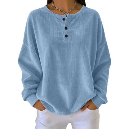 Women's Loose-fitting Round-neck Solid-color Button Sweatshirt