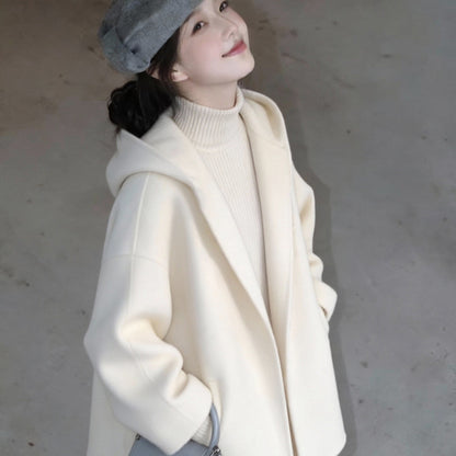 Womens White Hooded Double-Faced Wool Coat