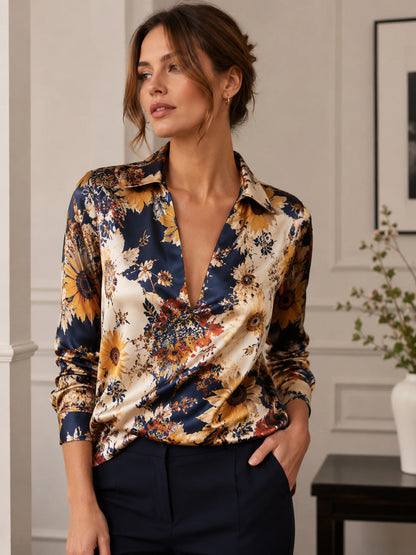 Retro Ink-wash Floral Lapel Deep-V Satin Blouse