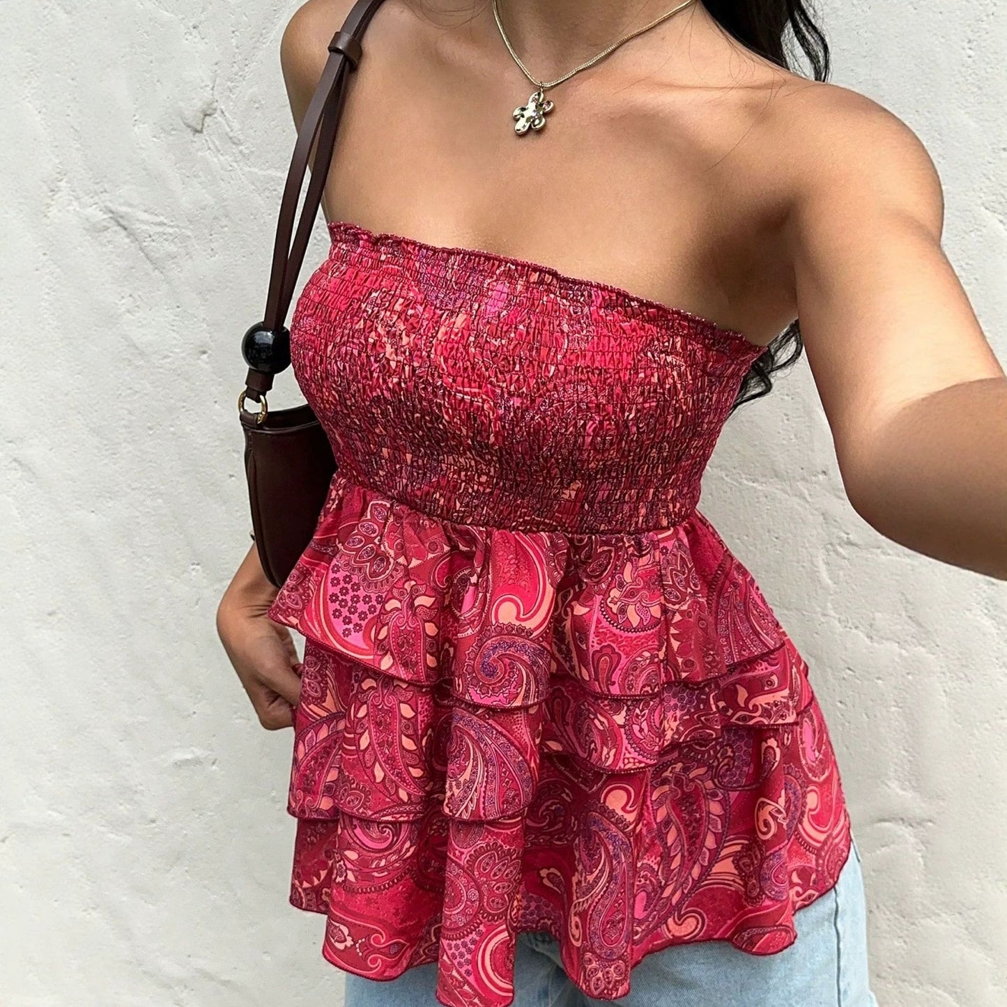 European And American-style Multi-layer Ruffled Strapless Top For Women