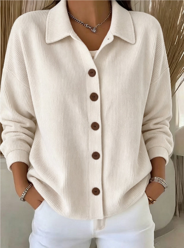 Womens Solid-Color Long-Sleeve Cardigan Polo Shirt