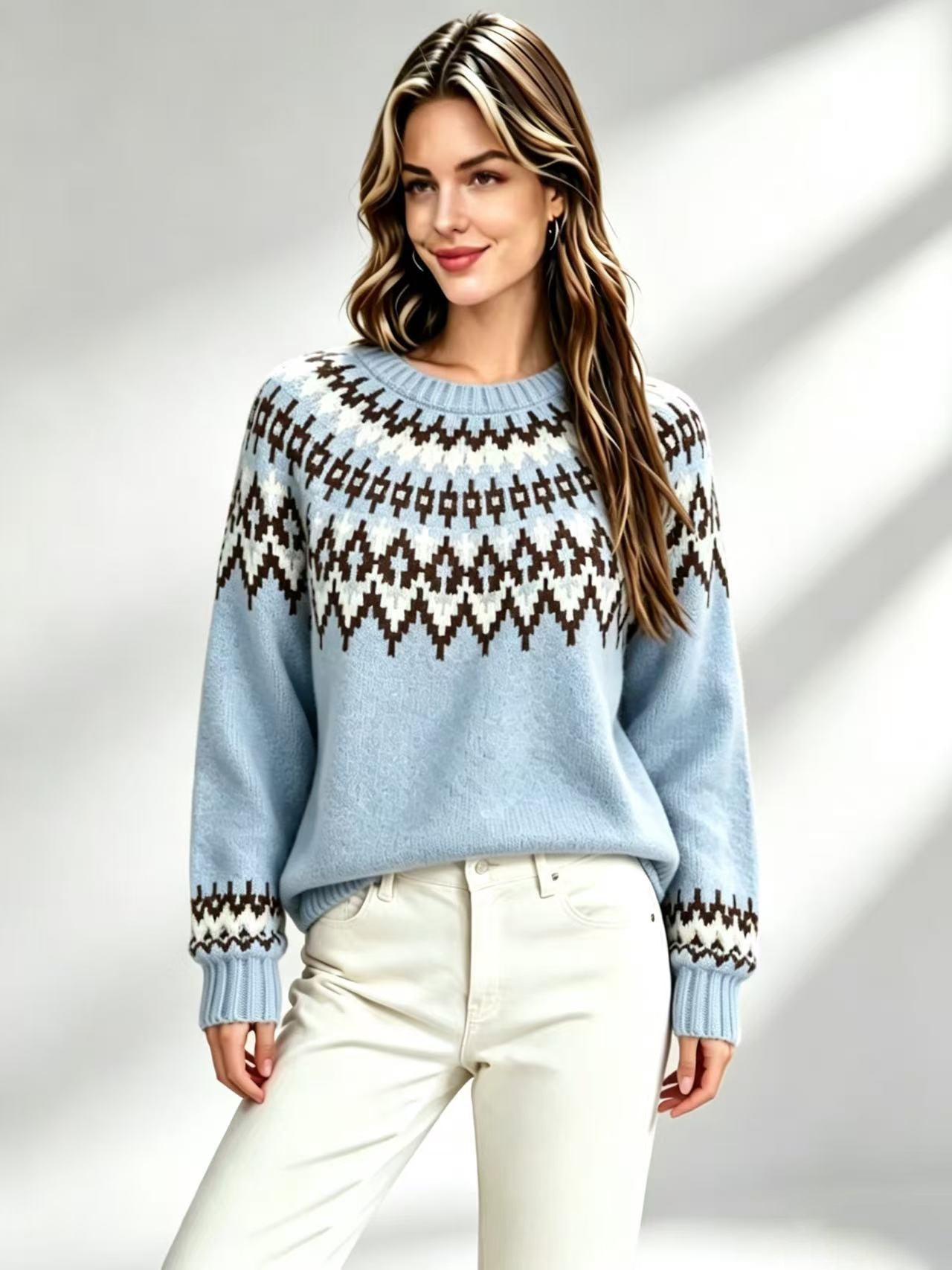 Womens Retro Fair-Isle Knit Crew-Neck Sweater