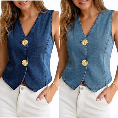 Womens Buttoned Denim Vest Top Fashionable Summer Casual V-Neck Single-Piece Waistcoat