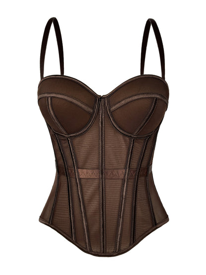 European And American Pure Color Fashionable Fishbone Bra, Waist Slimming Look Mesh Camisole With Breast Pads, Fishbone Top For Outer Wear