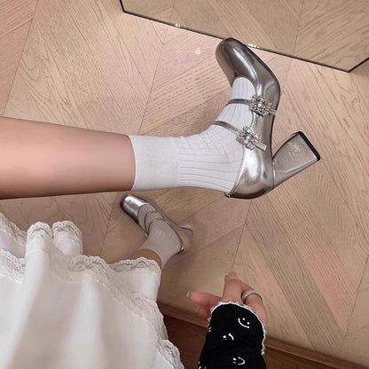 Women Sweet Vintage Glossy Patent Leather Heel Pumps, Soft Round Toe Two Parallel Instep Straps Double Crystal Rhinestone Square Buckle