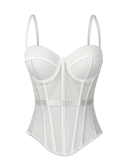 European And American Pure Color Fashionable Fishbone Bra, Waist Slimming Look Mesh Camisole With Breast Pads, Fishbone Top For Outer Wear