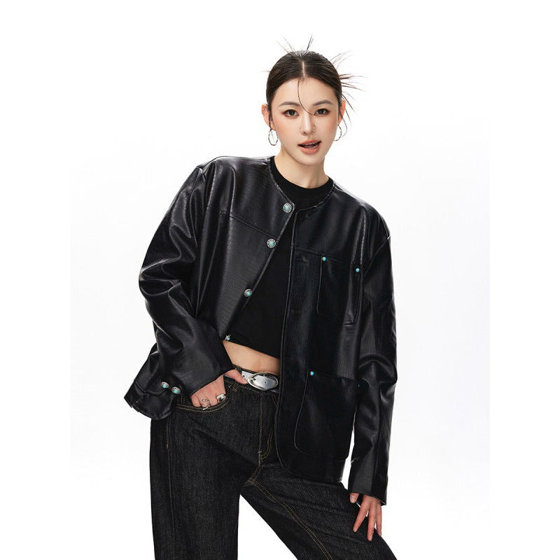 Womens Black Alligator-Print Collarless Leather Jacket