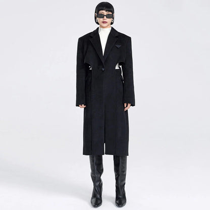 Fake Two-piece Hollow-out Long Wool Coat