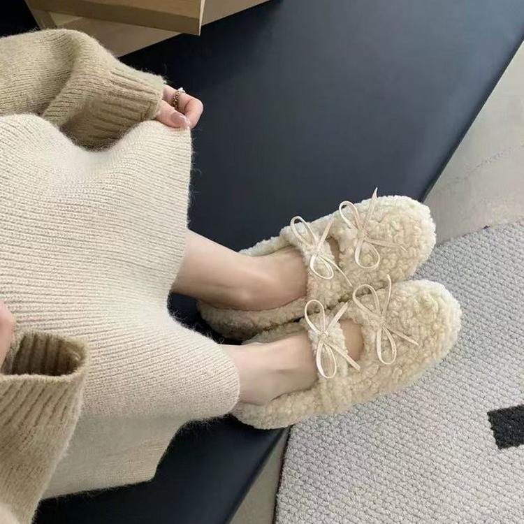 Women's French Mary Jane Shoes With Fluffy Bean Shoes And Flat Sole Shoes