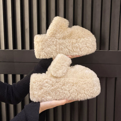 Women's Platform Closed Toe Furry Slippers For Outdoor Wear, 2026 Autumn Winter New Arrival, Fleece Lined Slip-On Height Increasing Cotton Slides For Petite Women