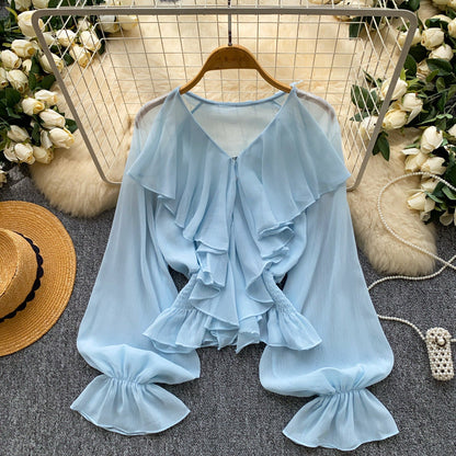 Womens Solid-color Loose-fitting Breathable Ruffled-edge Blouse