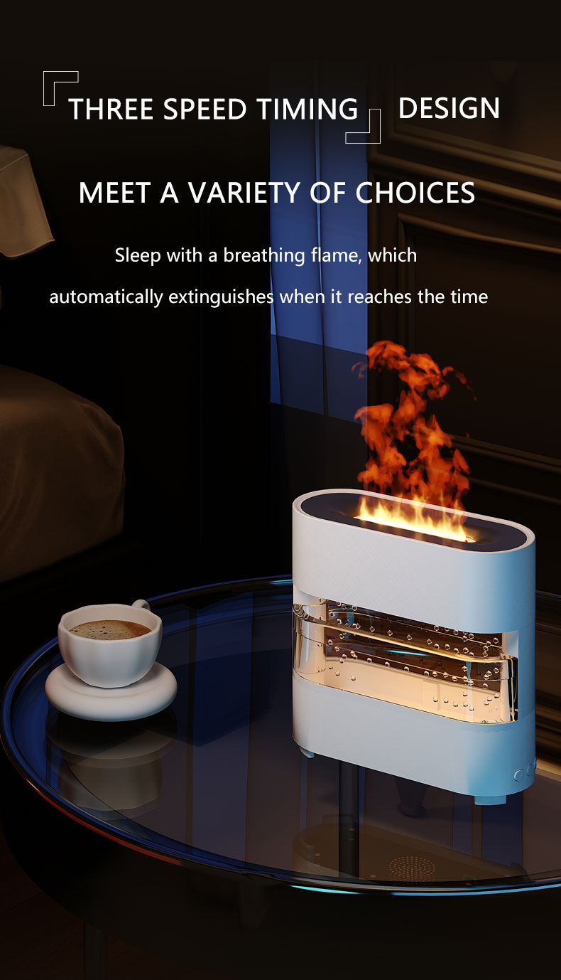Blue flameless candle on a table with text about timing design and breathing flame.