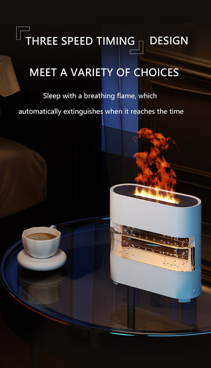 Blue flameless candle on a table with text about timing design and breathing flame.