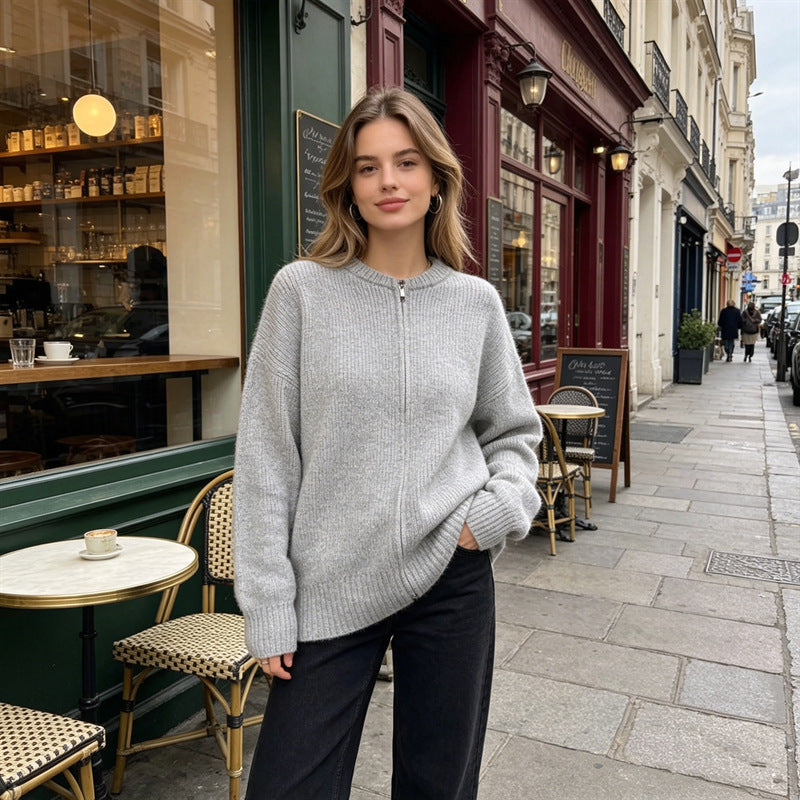 Casual Versatile Solid-color Zip-up Knit Cardigan Jacket