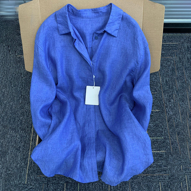 Summer Thin Linen Casual Cotton Linen Collared Sun Protection Top