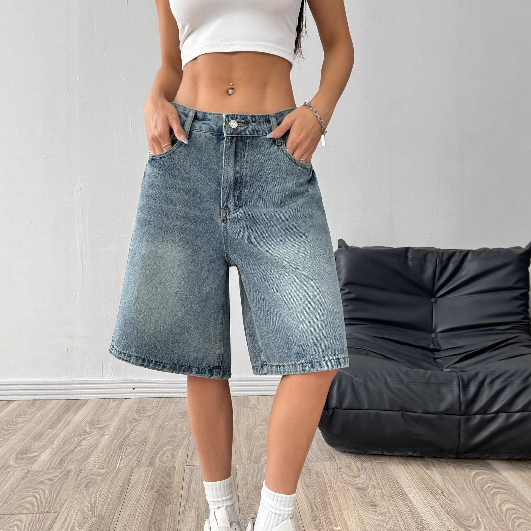 Womens Loose-Fit Casual Wide-Leg Denim Shorts