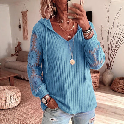 Women V Neck Hooded Sweatshirt Ribbed Knit Floral Lace Splicing Long Sleeve Drawstring Casual Pullover Tops
