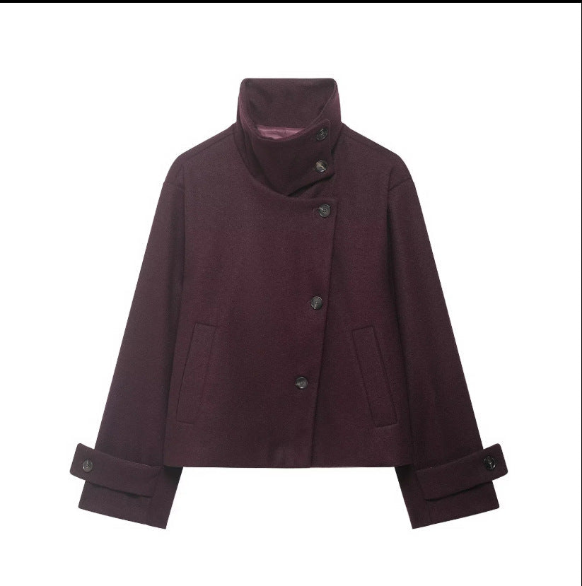 Womens Solid-Color Casual Stand-Collar Jacket With Buttons
