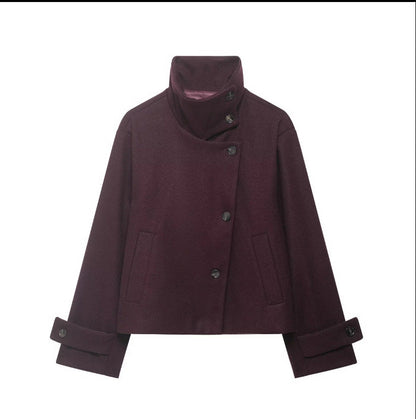 Womens Solid-Color Casual Stand-Collar Jacket With Buttons