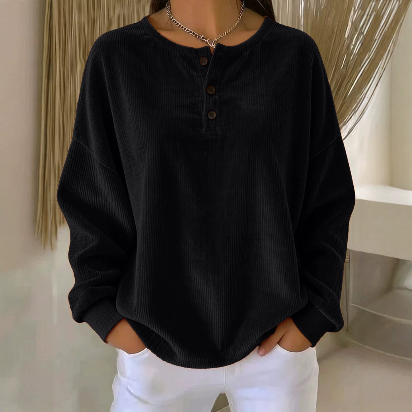 Women's Loose-fitting Round-neck Solid-color Button Sweatshirt