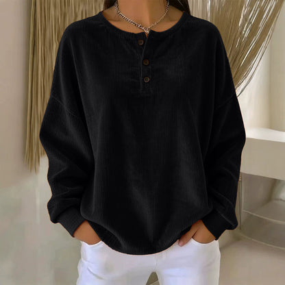Women's Loose-fitting Round-neck Solid-color Button Sweatshirt