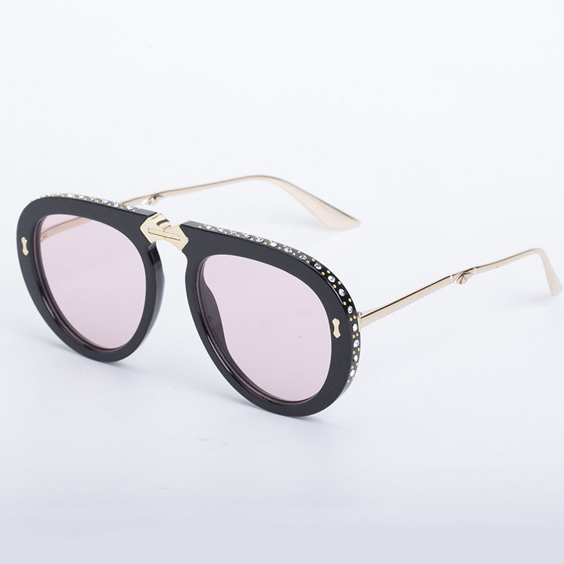 Diamond-Encrusted Foldable Sun Protection Sunglasses For Women, Fashionable Glasses, Internet Celebrity Style Sunglasses, Plain Aviator Glasses, Sunglasses