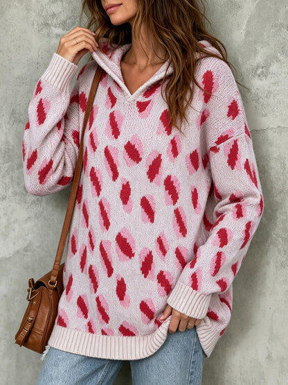 Women Casual Drop Shoulder Hooded Knit Top Pink Leopard Pattern Wool Blend Sweater