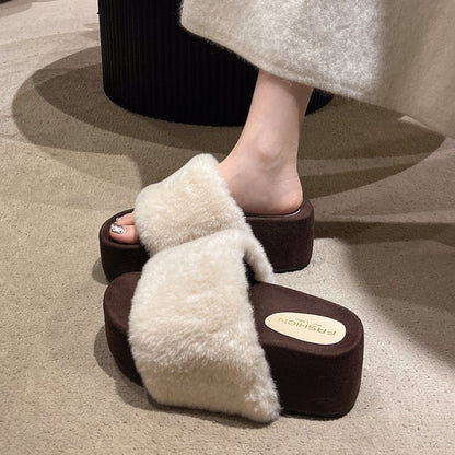 Women's Platform Furry Slippers For Outdoor Wear, New Autumn Winter Korean Stylish Single Strap High Heel Cotton Slides