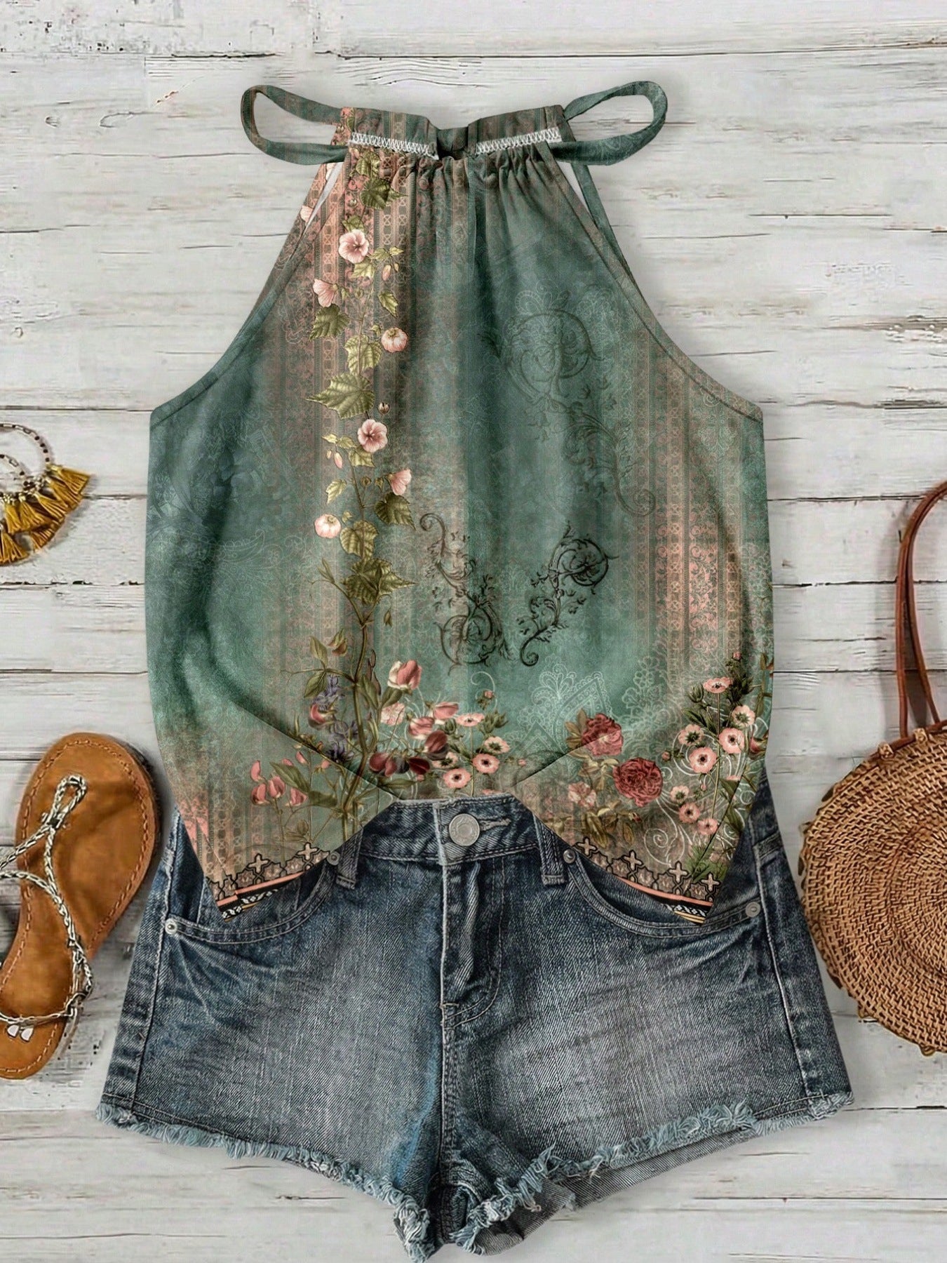 Womens Casual Resort-style Halter-neck Sleeveless Tank Top