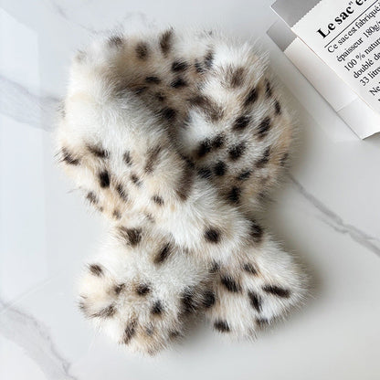 Natural Spotted Leopard Print Plush Cross Neck Scarf With A Korean-style Gentle Style For Autumn And Winter Daily Outings