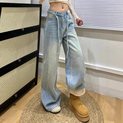 Babys-breath Hot-stone-embellished Wide-leg Denim Jeans For Women