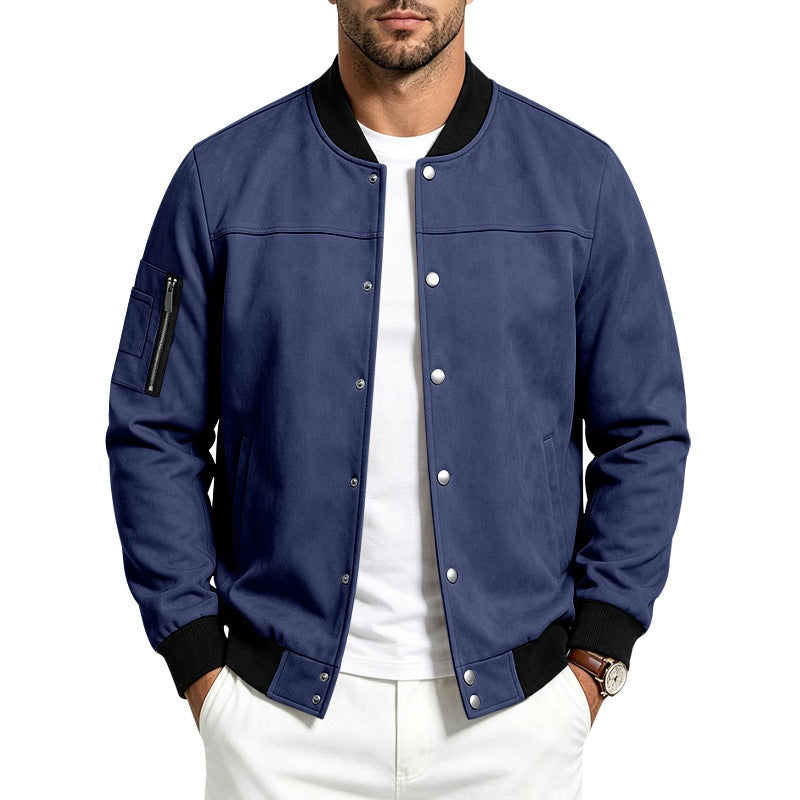 Mens Suede-Blend Casual Sporty Stand-Neck Jacket With Buttons