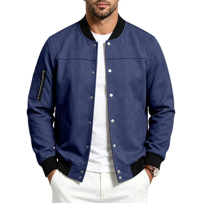Mens Suede-Blend Casual Sporty Stand-Neck Jacket With Buttons
