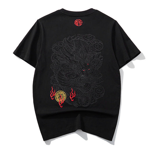 Embroidered Dragon Pattern Round Neck Cotton T-shirt
