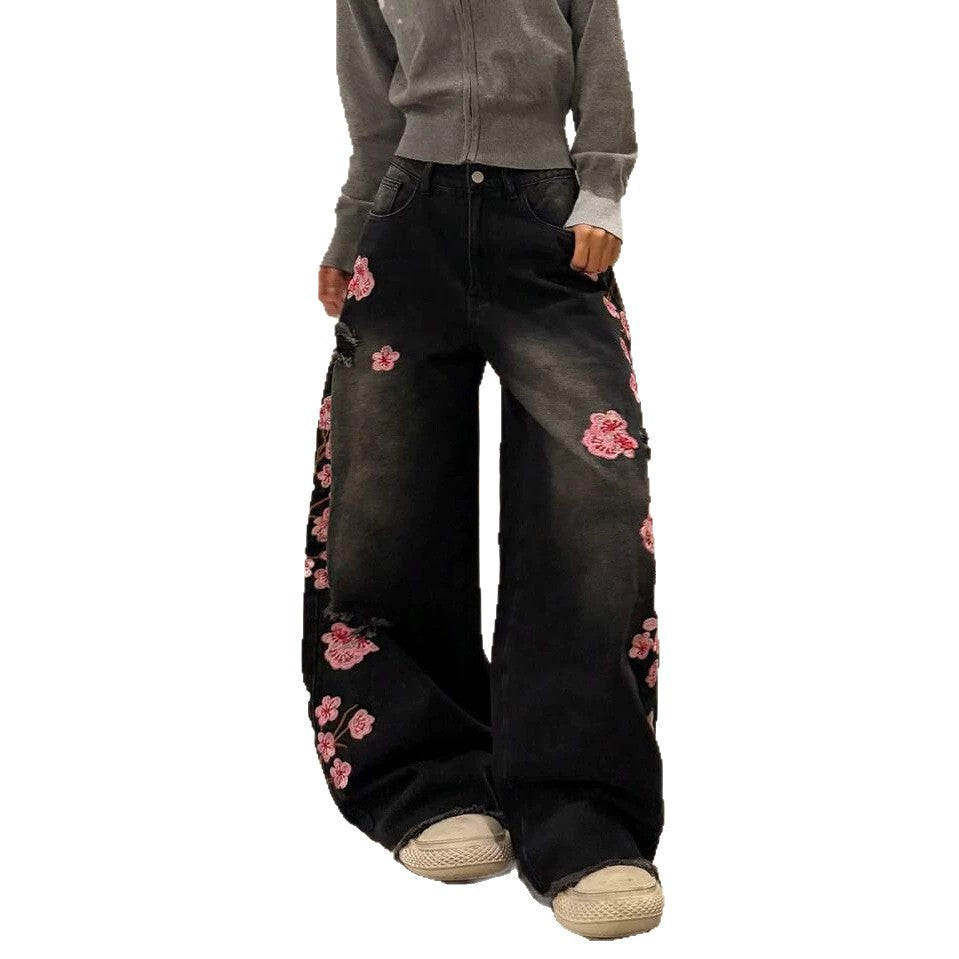Womens Retro Floral Embroidery Jeans