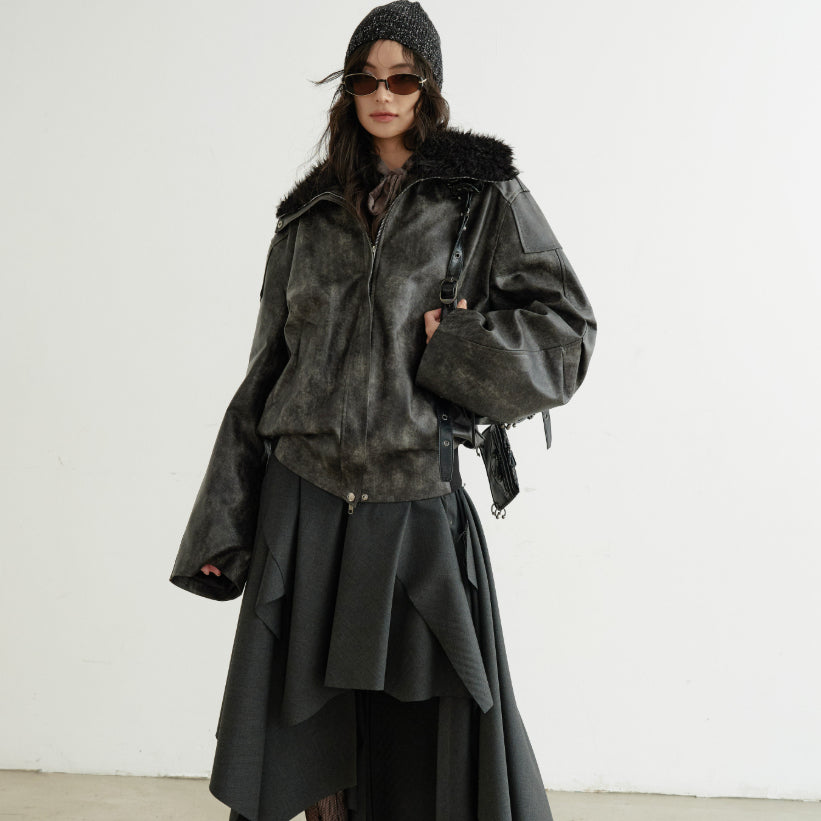 Turtleneck Smoky-blend PU Faux Leather Jacket