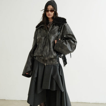 Turtleneck Smoky-blend PU Faux Leather Jacket