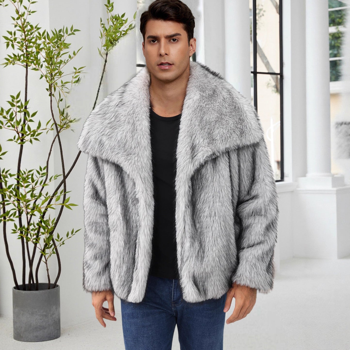 Mens Short Lapel-style Faux Fur Jacket Warm Outerwear