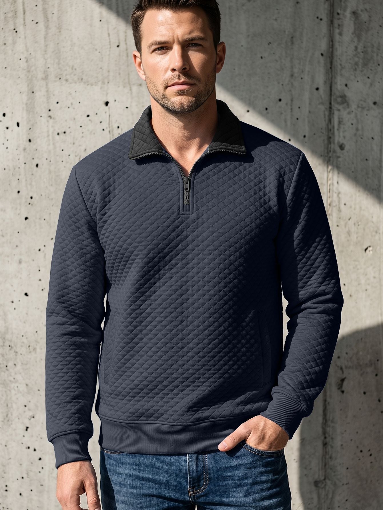 Mens Diamond-Check Half-Zip Stand-Collar Long-Sleeve Sweatshirt